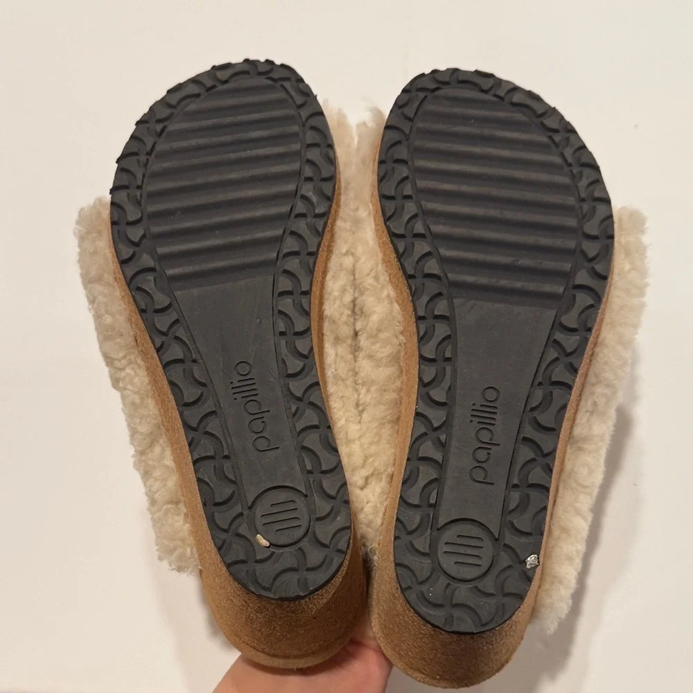 Papillio Shearling Slide Sandals in Cream and Tan